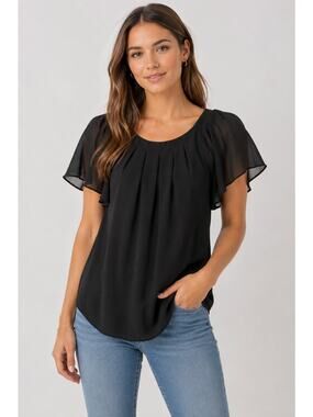 Calvin Klein Black Pleated Neck Flutter Sleeve Blouse Career Chic Top S